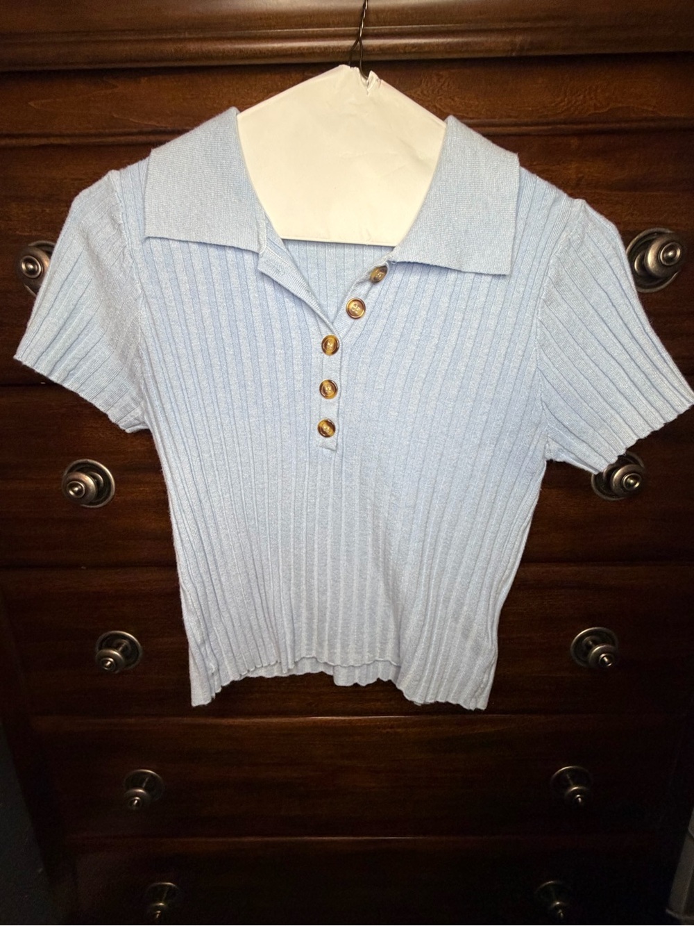 Papaya Light Blue Ribbed Polo Button-Up Short Sleeve Top